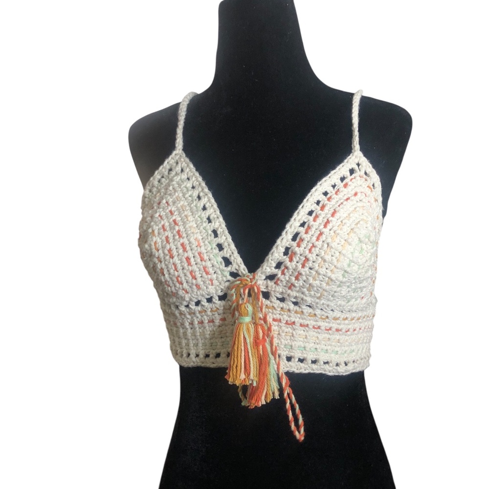 Handmade Crochet Crop Top – Bohemian Juneteenth Festival Bralette w/Tassels